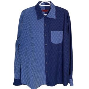 LUCHIANO VISCONTI Men's Blue Criss Cross Pattern Button Up Shirt Patchwork Sz XL